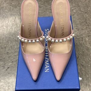 Stuart Weitzman Goldie 100 Patent Pink Mules with Pearl Detail